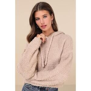 Lulus Cuddly Perfection Tan Fuzzy Pullover Hoodie Beige - Size S
